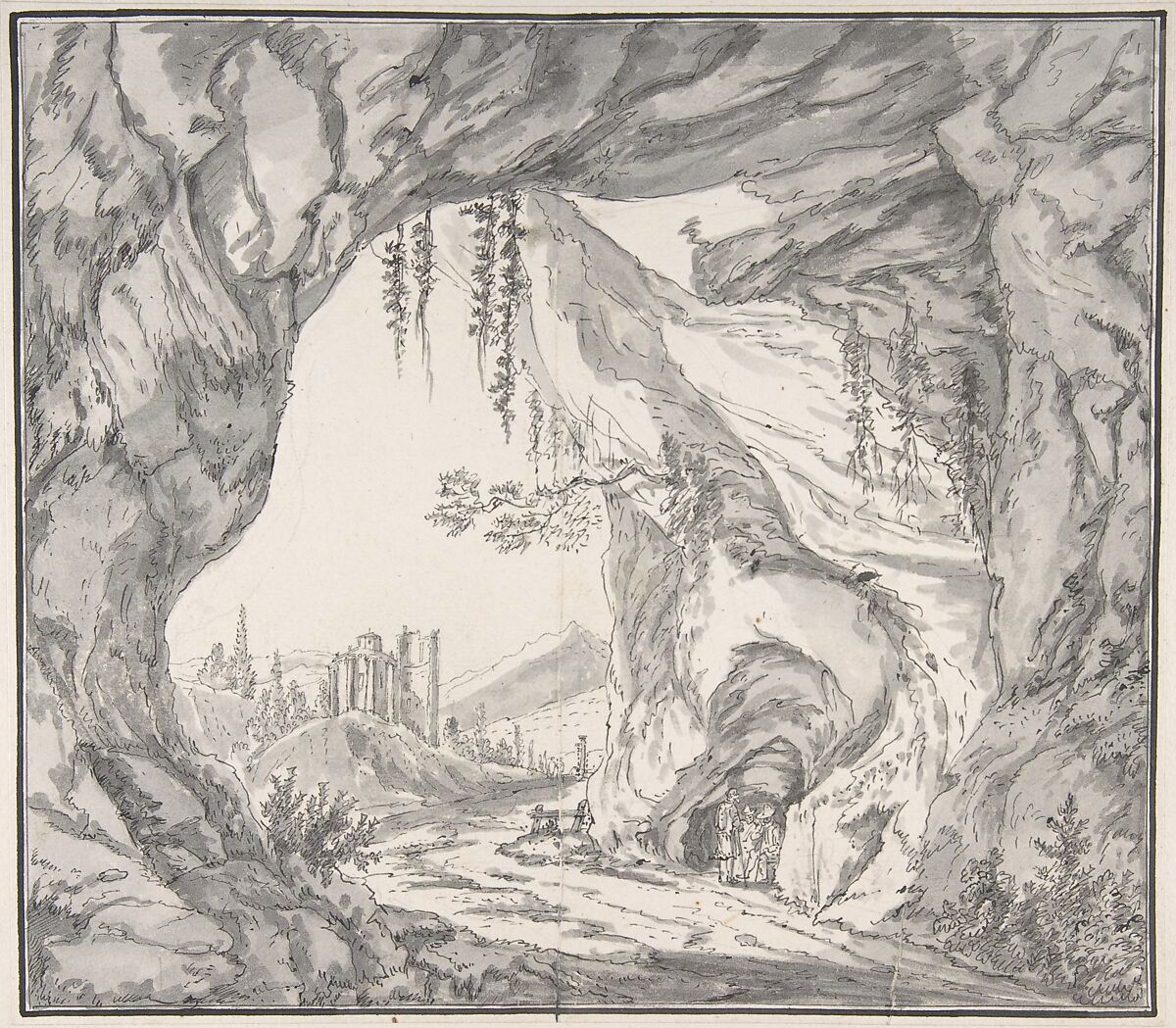 Mountainous Landscape with Ruins of a Castle and Three Men in a Cave, Seen through a Stone Gate, Johann Caspar Huber (Swiss, Glattfelden near Zürich 1752–1827 Zürich), Pen and black ink, brush and gray wash, over graphite; double framing lines in pen and black ink and brush and black wash