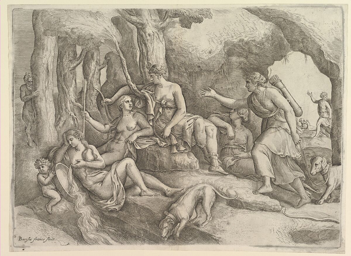 Diana resting with her nymphs, Battista Franco (Italian, Venice ca. 1510–1561 Venice), Etching 