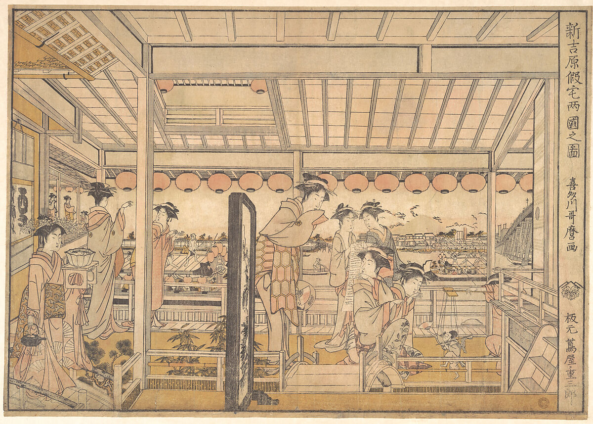 Picture of the Temporary Lodgings of the New Yoshiwara Pleasure Quarter at Ryōgoku  (Shin Yoshiwara Karitaku Ryogoku no zu), Kitagawa Utamaro (Japanese, ca. 1754–1806), Woodblock print; ink and color on paper, Japan 