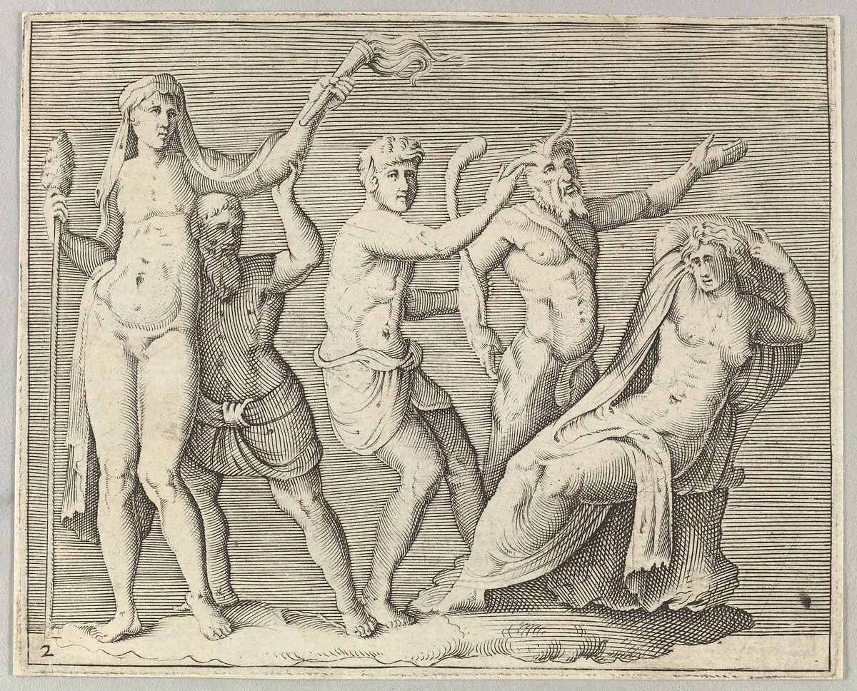 Two Figures, a Faun, and a Satyr approach a Recliniing Woman, from "Ex Antiquis Cameorum et Gemmae Delineata/ Liber Secundus/et ab Enea Vico Parmen Incis", Anonymous, Italian, 16th century, Engraving; third state 