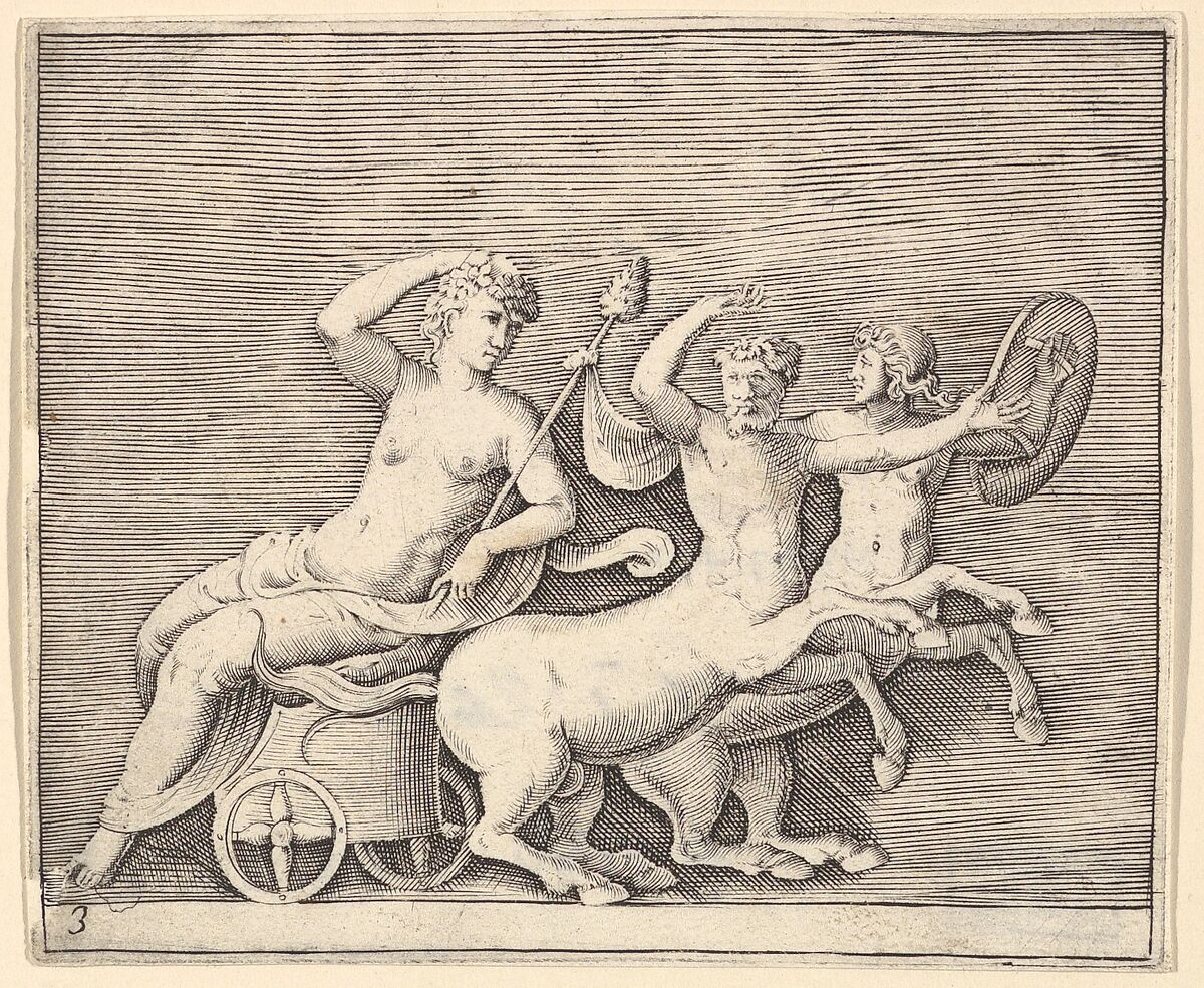 Reclining Female Figure on a Chariot drawn by Two Centaurs, from "Ex Antiquis Cameorum et Gemmae Delineata/ Liber Secundus/et ab Enea Vico Parmen Incis", Engraved by Anonymous, Italian, 16th century, Engraving; third state 