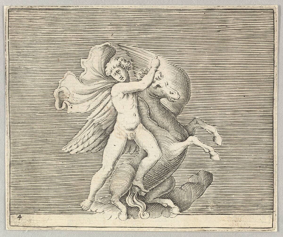 Man Grappling with Winged Horse, from "Ex Antiquis Cameorum et Gemmae Delineata/ Liber Secundus/et ab Enea Vico Parmen Incis", Engraved by Anonymous, Italian, 16th century, Engraving; third state 