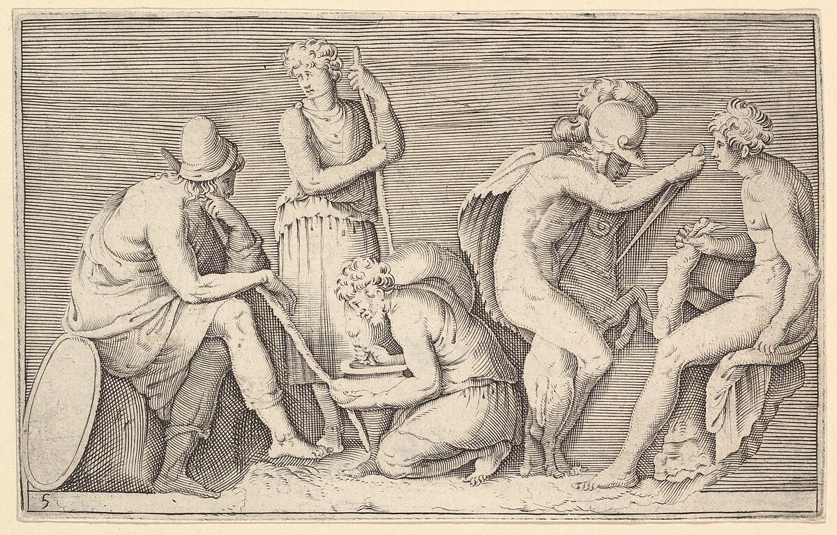 Scene of Sacrifice with Warrior Killing Ram and Four Other Figures, from "Ex Antiquis Cameorum et Gemmae Delineata/ Liber Secundus/et ab Enea Vico Parmen Incis", Engraved by Anonymous, Italian, 16th century, Engraving; third state 
