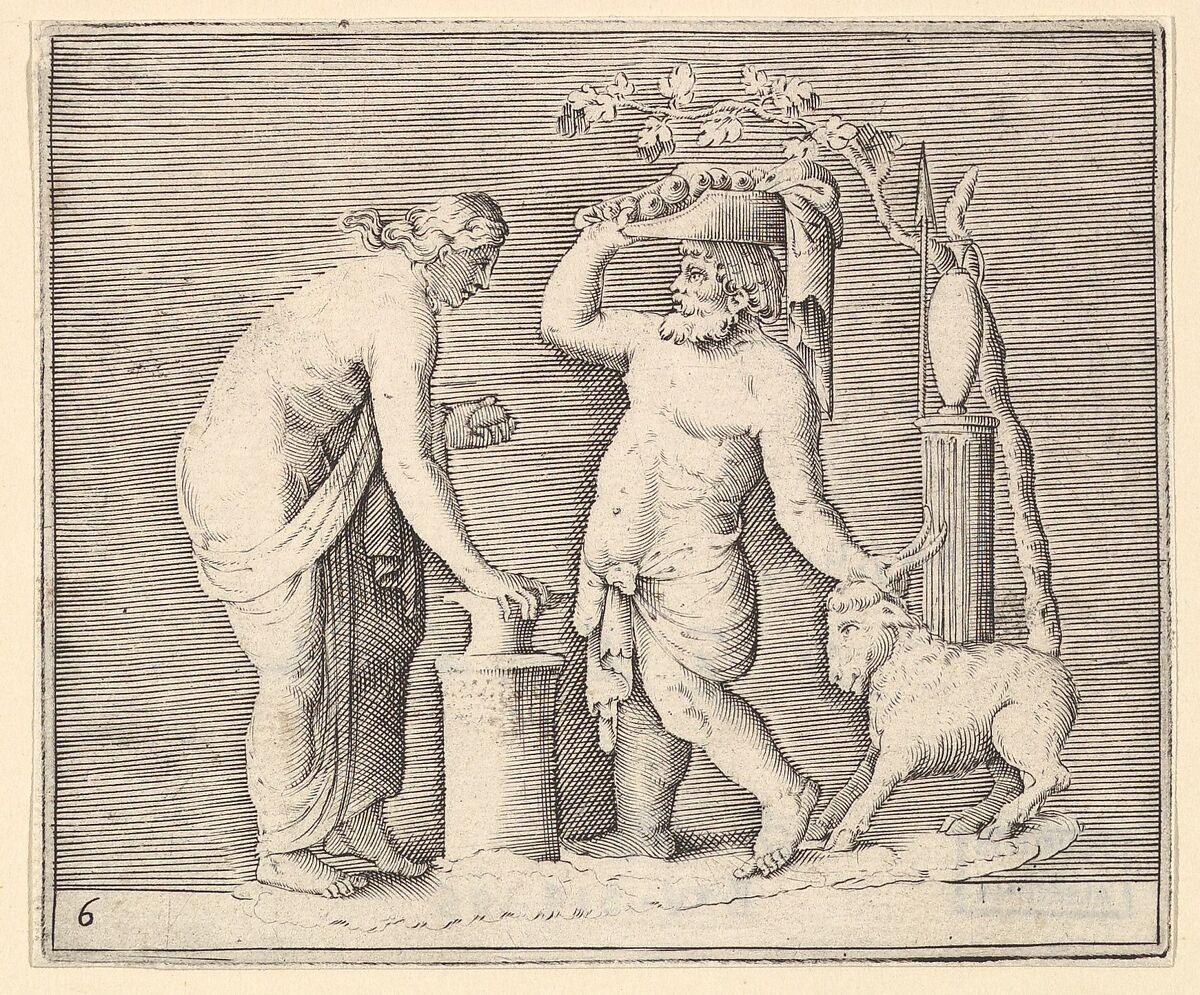 Man and Woman Sacrificing a Goat, from "Ex Antiquis Cameorum et Gemmae Delineata/ Liber Secundus/et ab Enea Vico Parmen Incis", Engraved by Anonymous, Italian, 16th century, Engraving; third state 