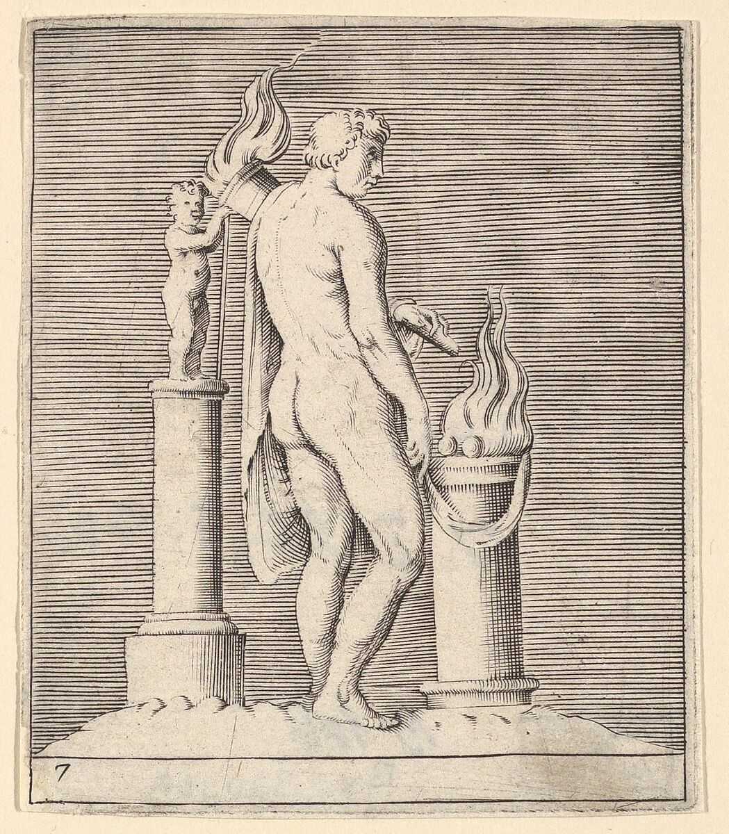 Man with Torch between Flaming Altar and Statuette, from "Ex Antiquis Cameorum et Gemmae Delineata/ Liber Secundus/et ab Enea Vico Parmen Incis", Engraved by Anonymous, Italian, 16th century, Engraving; third state 