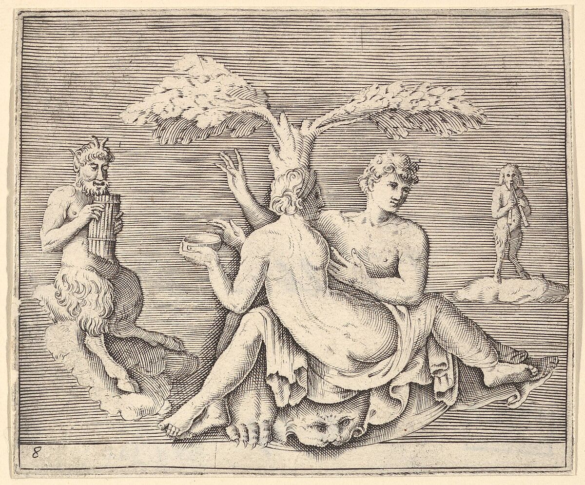Two Lovers with Pan, from "Ex Antiquis Cameorum et Gemmae Delineata/ Liber Secundus/et ab Enea Vico Parmen Incis", Engraved by Anonymous, Italian, 16th century, Engraving; third state 
