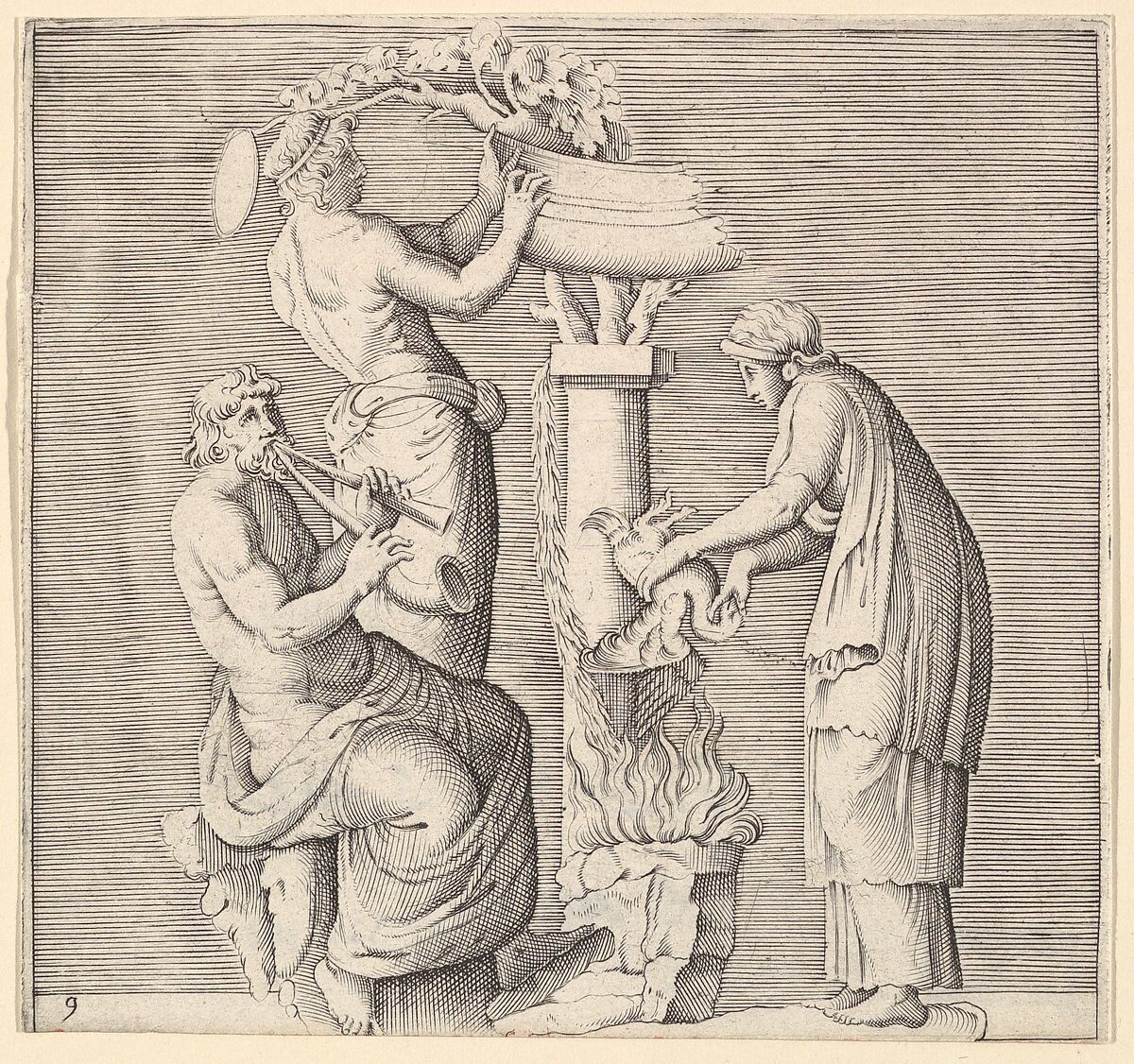 Sacrifice of a Swan, from "Ex Antiquis Cameorum et Gemmae Delineata/ Liber Secundus/et ab Enea Vico Parmen Incis", Engraved by Anonymous, Italian, 16th century, Engraving; third state 