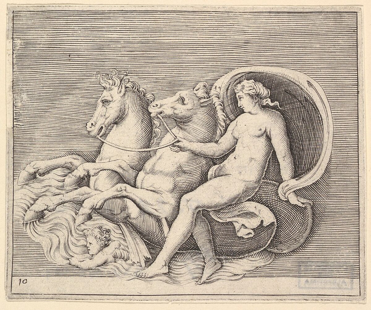 Female Nude with Two Seahorses, from "Ex Antiquis Cameorum et Gemmae Delineata/ Liber Secundus/et ab Enea Vico Parmen Incis", Engraved by Anonymous, Italian, 16th century, Engraving; third state 