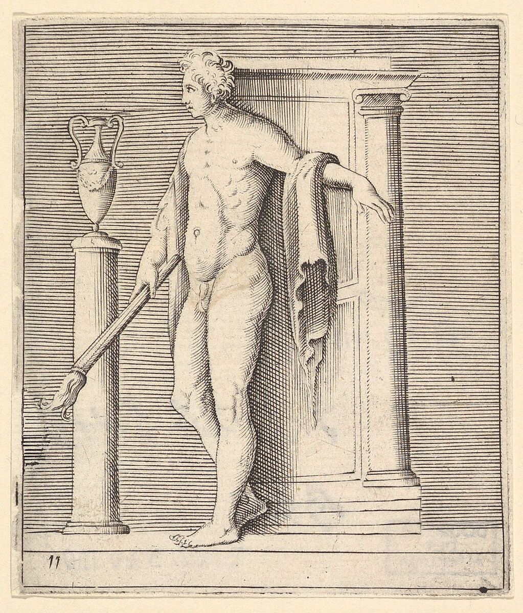Man with Torch at Temple Door, from "Ex Antiquis Cameorum et Gemmae Delineata/ Liber Secundus/et ab Enea Vico Parmen Incis", Engraved by Anonymous, Italian, 16th century, Engraving; third state 