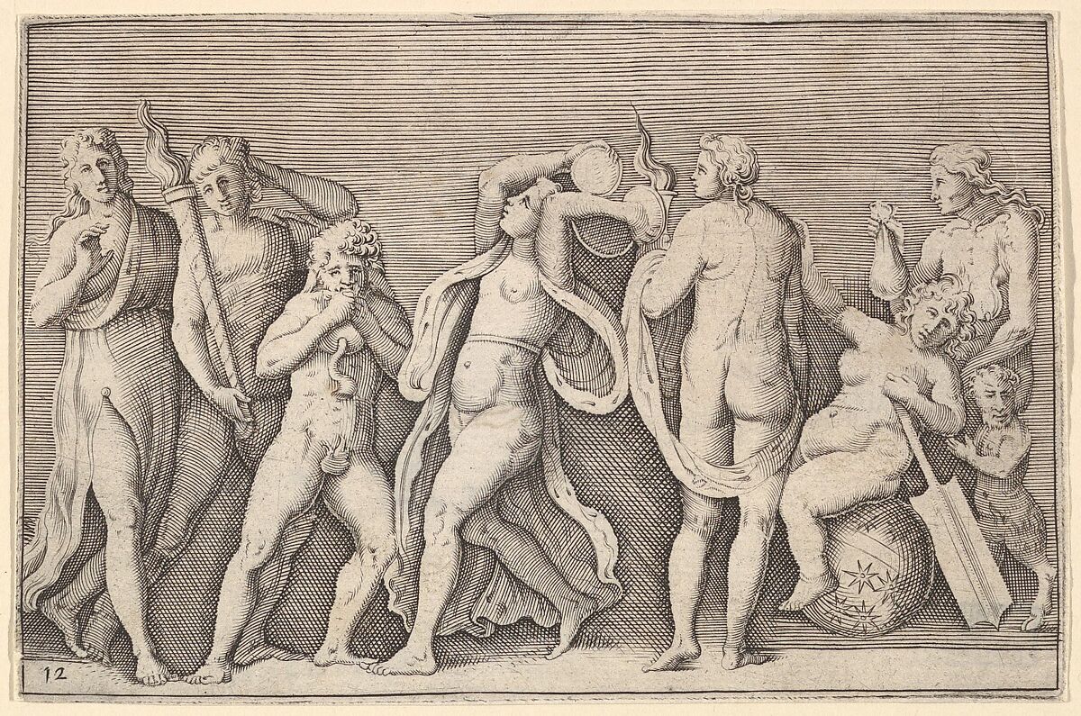 Bacchanale with Eight Figures, from "Ex Antiquis Cameorum et Gemmae Delineata/ Liber Secundus/et ab Enea Vico Parmen Incis", Engraved by Anonymous, Italian, 16th century, Engraving; third state 