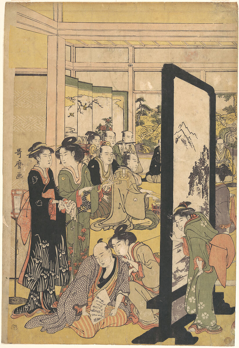 The Artist Kitao Masanobu Relaxing at a Party, Kitagawa Utamaro (Japanese, ca. 1754–1806), Left-hand of a triptych of woodblock prints; ink and color on paper, Japan 