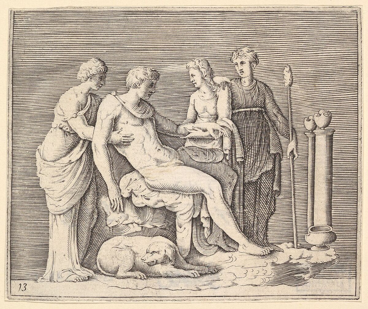 Man Attended by Three Women, from "Ex Antiquis Cameorum et Gemmae Delineata/ Liber Secundus/et ab Enea Vico Parmen Incis", Engraved by Anonymous, Italian, 16th century, Engraving; third state 