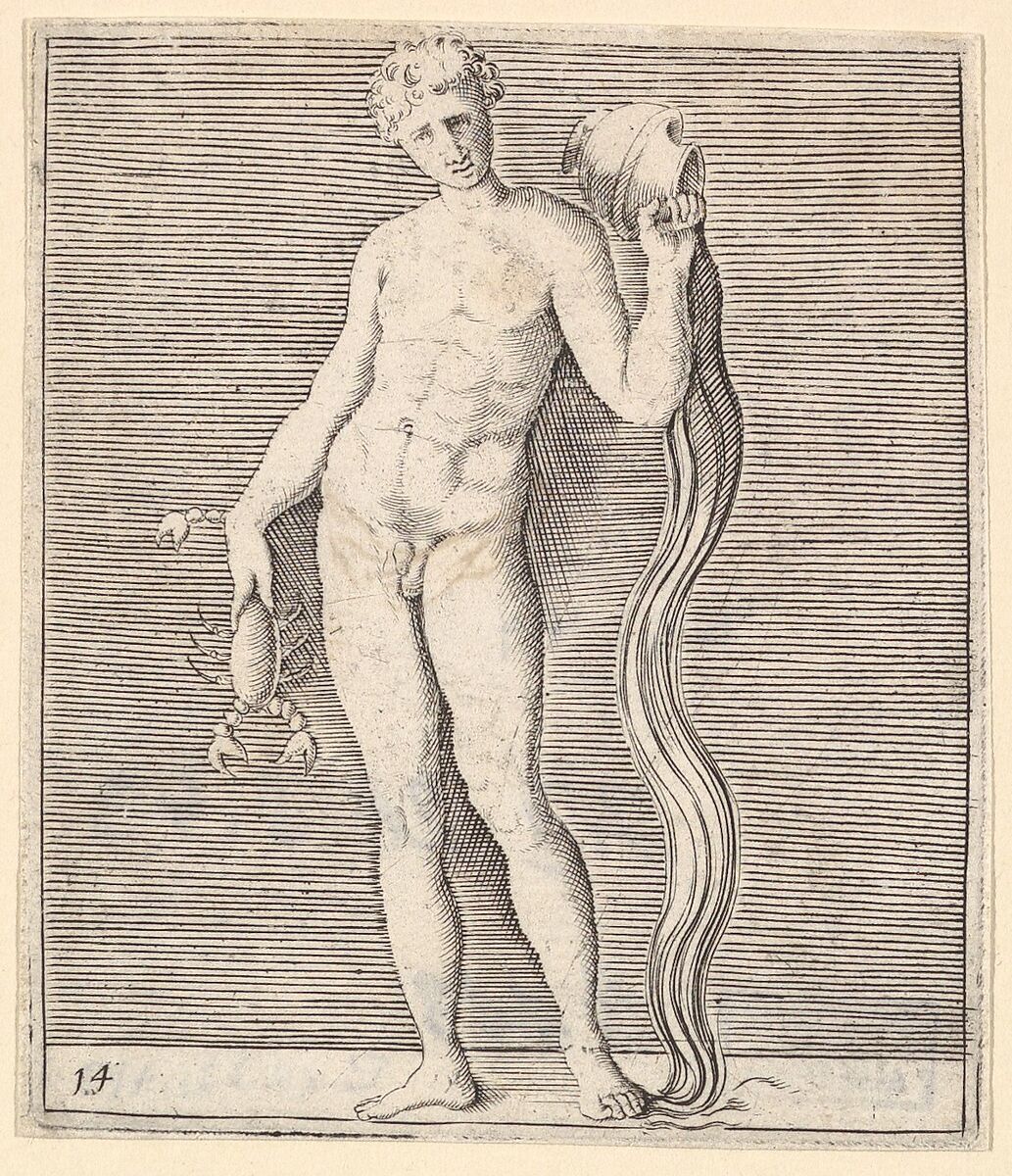 Man with Crayfish and Urn of Water, from "Ex Antiquis Cameorum et Gemmae Delineata/ Liber Secundus/et ab Enea Vico Parmen Incis", Engraved by Anonymous, Italian, 16th century, Engraving; third state 