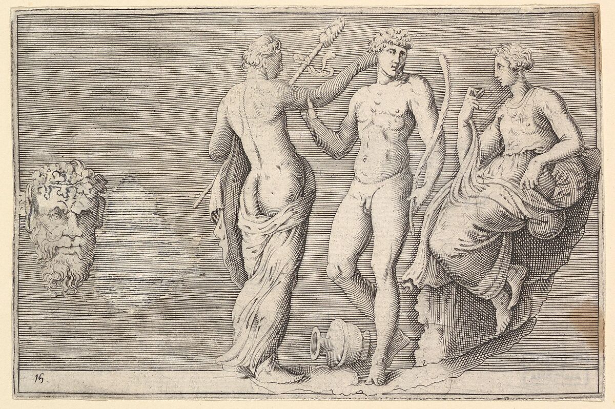 Head of Satyr and Three Figures, from "Ex Antiquis Cameorum et Gemmae Delineata/ Liber Secundus/et ab Enea Vico Parmen Incis", Engraved by Anonymous, Italian, 16th century, Engraving; third state 