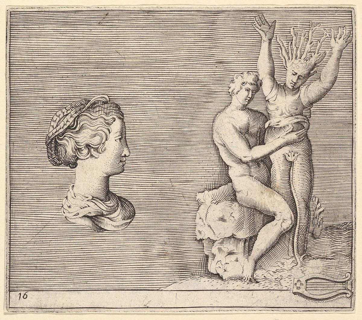 Head of Woman in Profile; Apollo and Daphne, from "Ex Antiquis Cameorum et Gemmae Delineata/ Liber Secundus/et ab Enea Vico Parmen Incis", Engraved by Anonymous, Italian, 16th century, Engraving; third state 