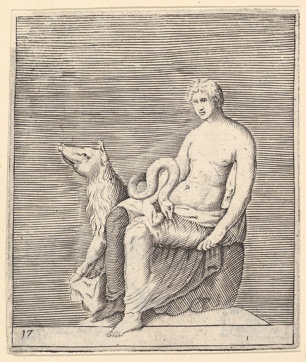 Figure with Pig and Serpent, from "Ex Antiquis Cameorum et Gemmae Delineata/ Liber Secundus/et ab Enea Vico Parmen Incis", Engraved by Anonymous, Italian, 16th century, Engraving; third state 