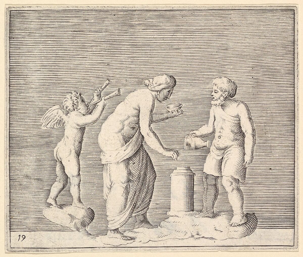 A Woman and Man Sacrificing in the Presence of Cupid, from "Ex Antiquis Cameorum et Gemmae Delineata/ Liber Secundus/et ab Enea Vico Parmen Incis", Engraved by Anonymous, Italian, 16th century, Engraving; third state 