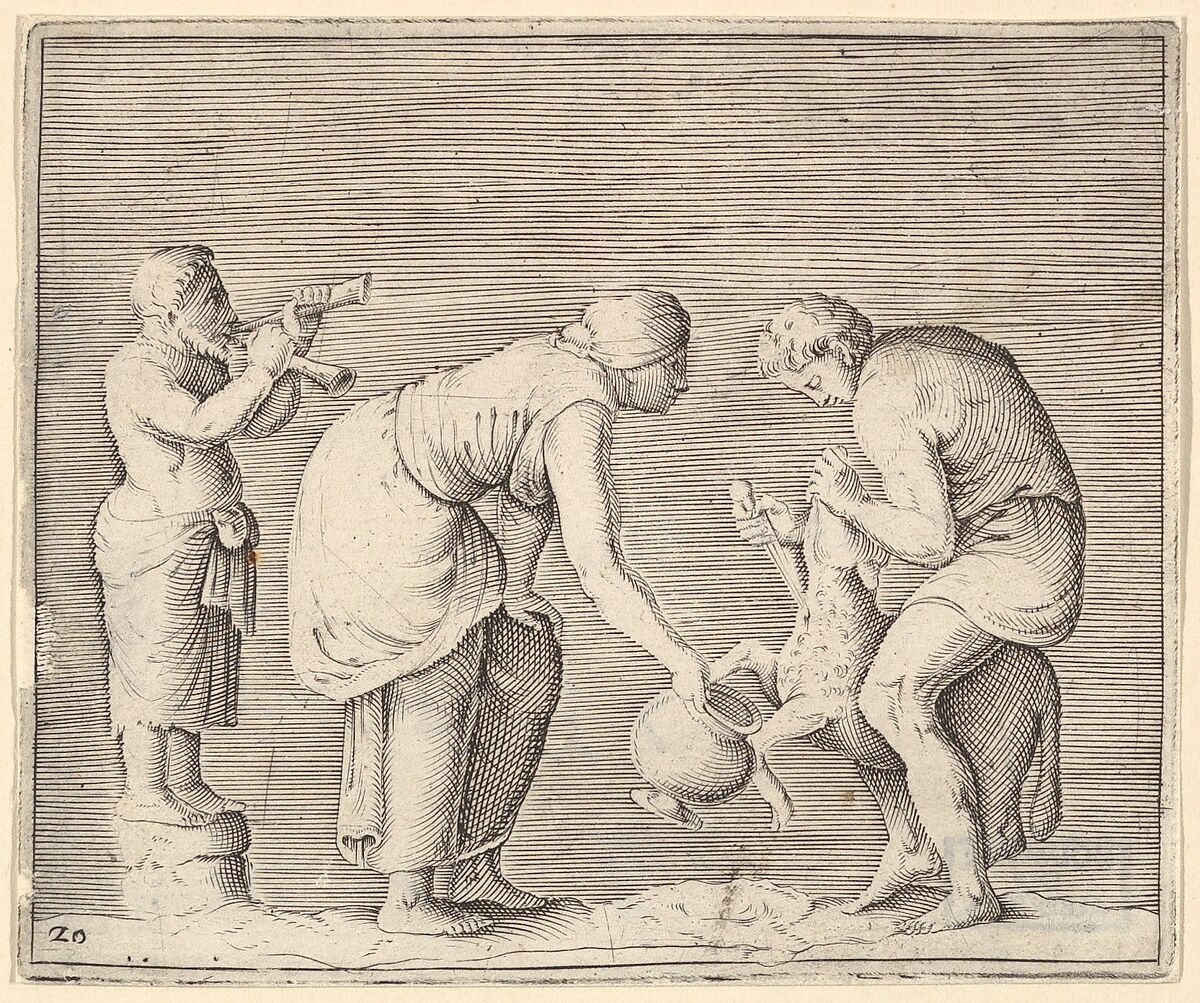 A Woman Collecting Blood from a Sheep, from "Ex Antiquis Cameorum et Gemmae Delineata/ Liber Secundus/et ab Enea Vico Parmen Incis", Engraved by Anonymous, Italian, 16th century, Engraving; third state 
