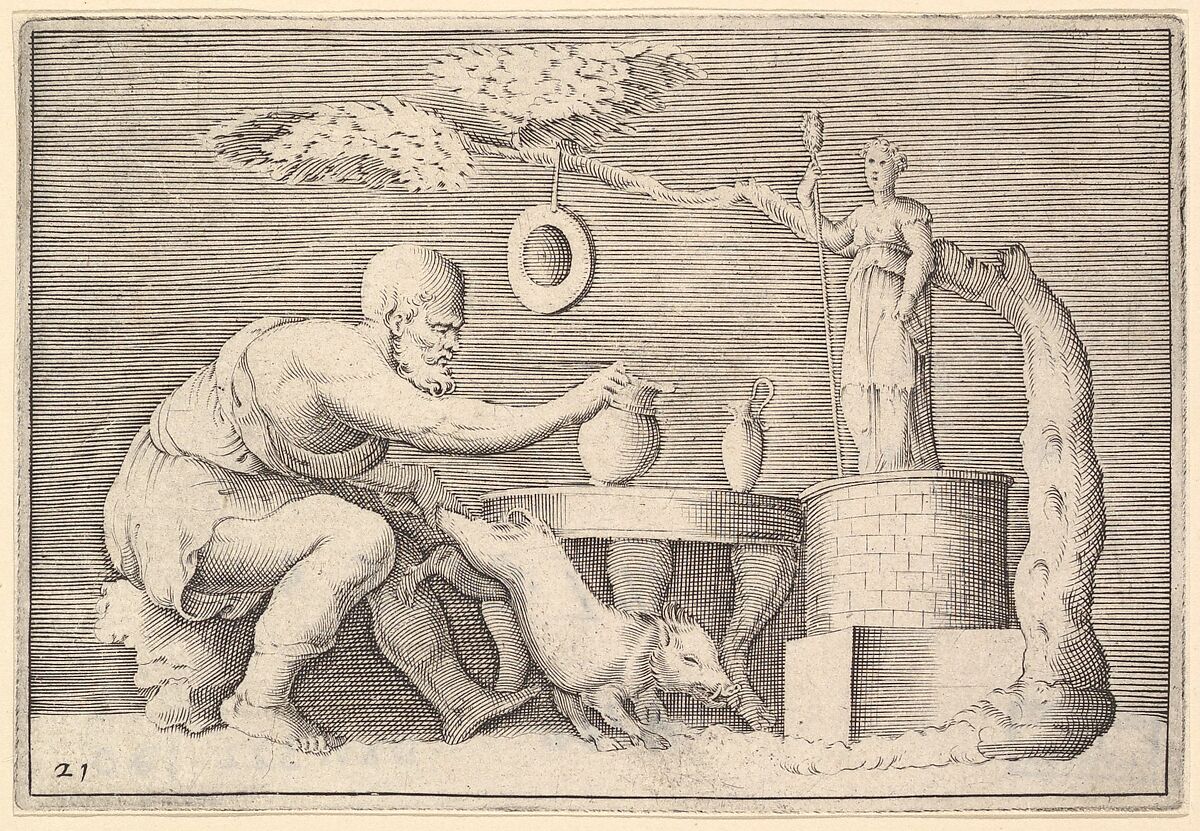 A Faun or Satyr Preparing a Pig for Sacrifice, from "Ex Antiquis Cameorum et Gemmae Delineata/ Liber Secundus/et ab Enea Vico Parmen Incis", Engraved by Anonymous, Italian, 16th century, Engraving; third state 