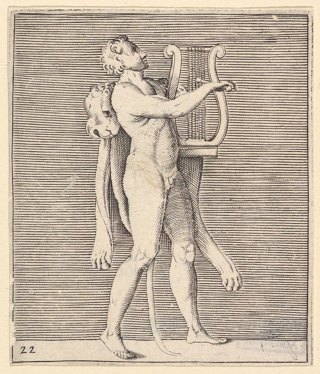 Hercules playing a lyre, a lionskin draped over his shoulder, from "Ex Antiquis Cameorum et Gemmae Delineata/ Liber Secundus/et ab Enea Vico Parmen Incis", Anonymous, Italian, 16th century, Engraving; third state 
