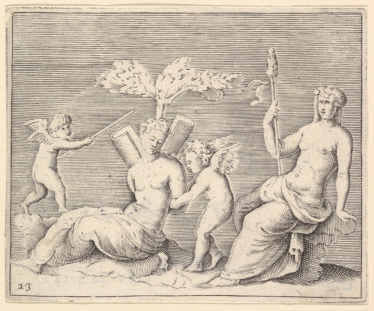 Two Women and Two Cupids, from "Ex Antiquis Cameorum et Gemmae Delineata/ Liber Secundus/et ab Enea Vico Parmen Incis", Engraved by Anonymous, Italian, 16th century, Engraving; third state 