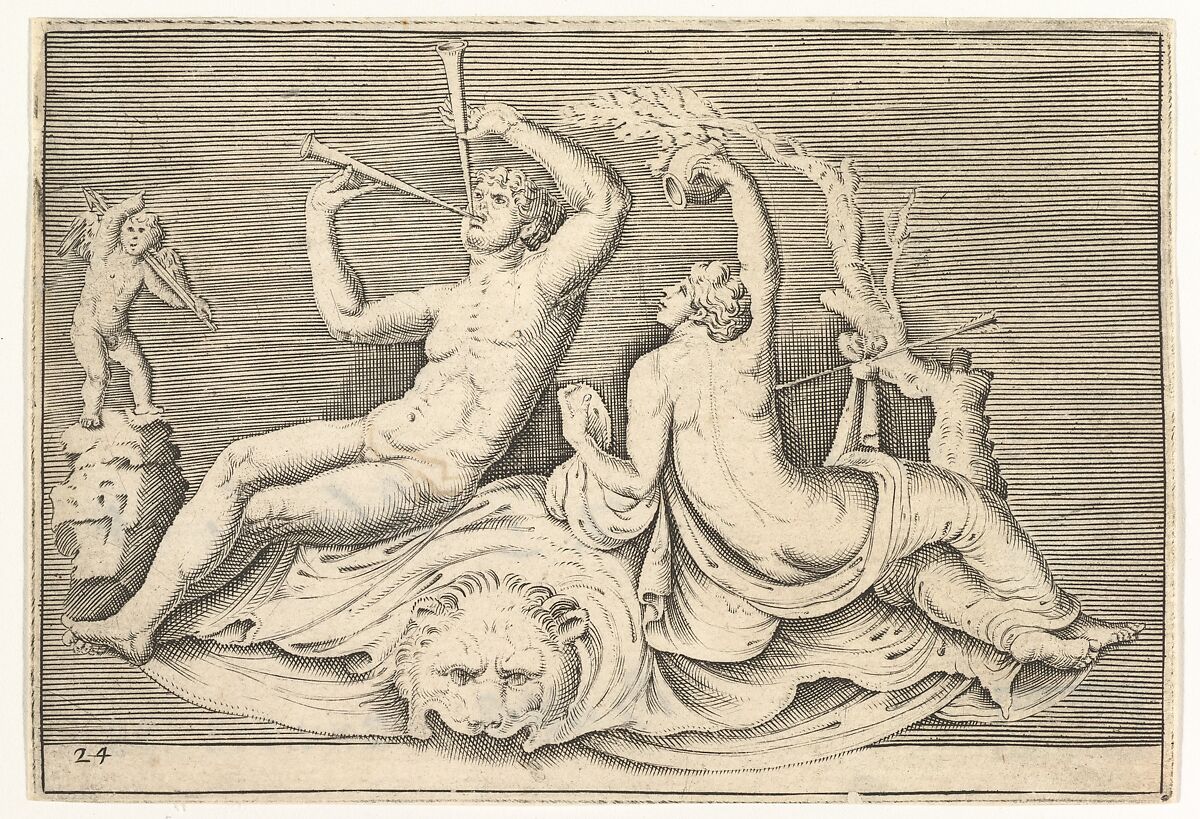 Man Playing Two Flutes and Woman on Lionskin, from "Ex Antiquis Cameorum et Gemmae Delineata/ Liber Secundus/et ab Enea Vico Parmen Incis", Anonymous, Italian, 16th century, Engraving; third state 