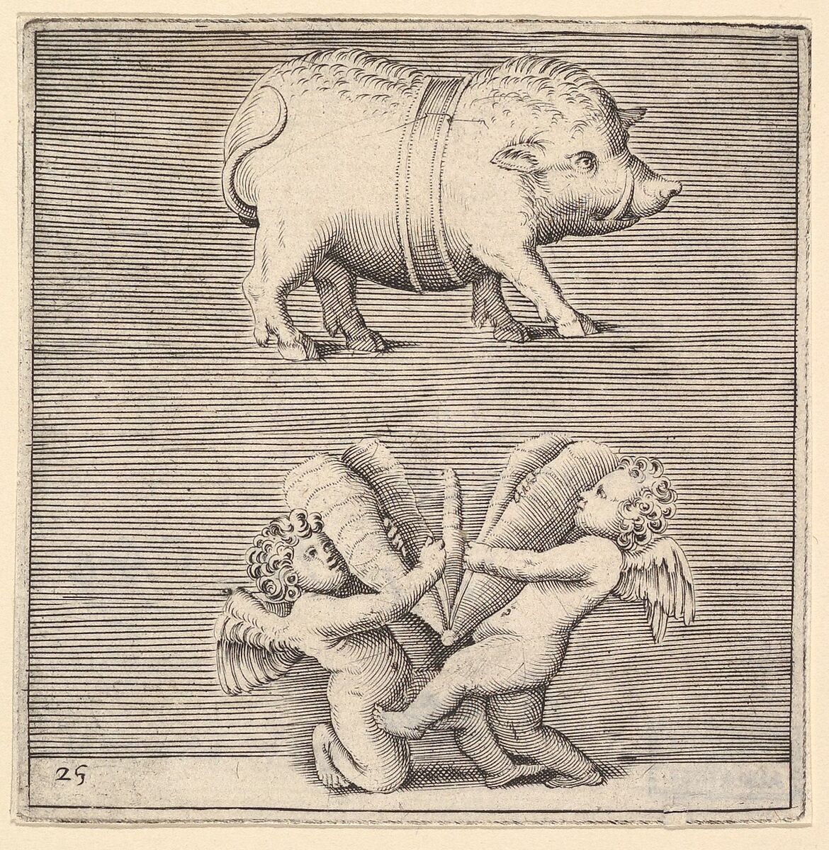 A Belted Pig and Two Cupids (or Geniuses) with a Butterfly (or Moth), from "Ex Antiquis Cameorum et Gemmae Delineata/ Liber Secundus/et ab Enea Vico Parmen Incis", Engraved by Anonymous, Italian, 16th century, Engraving; third state 