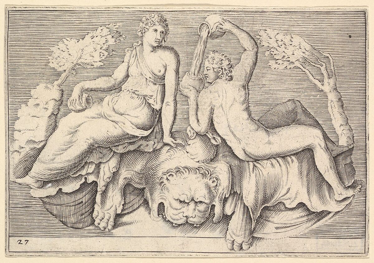 Woman and Man Seated on Lionskin, Man Pouring Wine, from "Ex Antiquis Cameorum et Gemmae Delineata/ Liber Secundus/et ab Enea Vico Parmen Incis", Anonymous, Italian, 16th century, Engraving; third state 