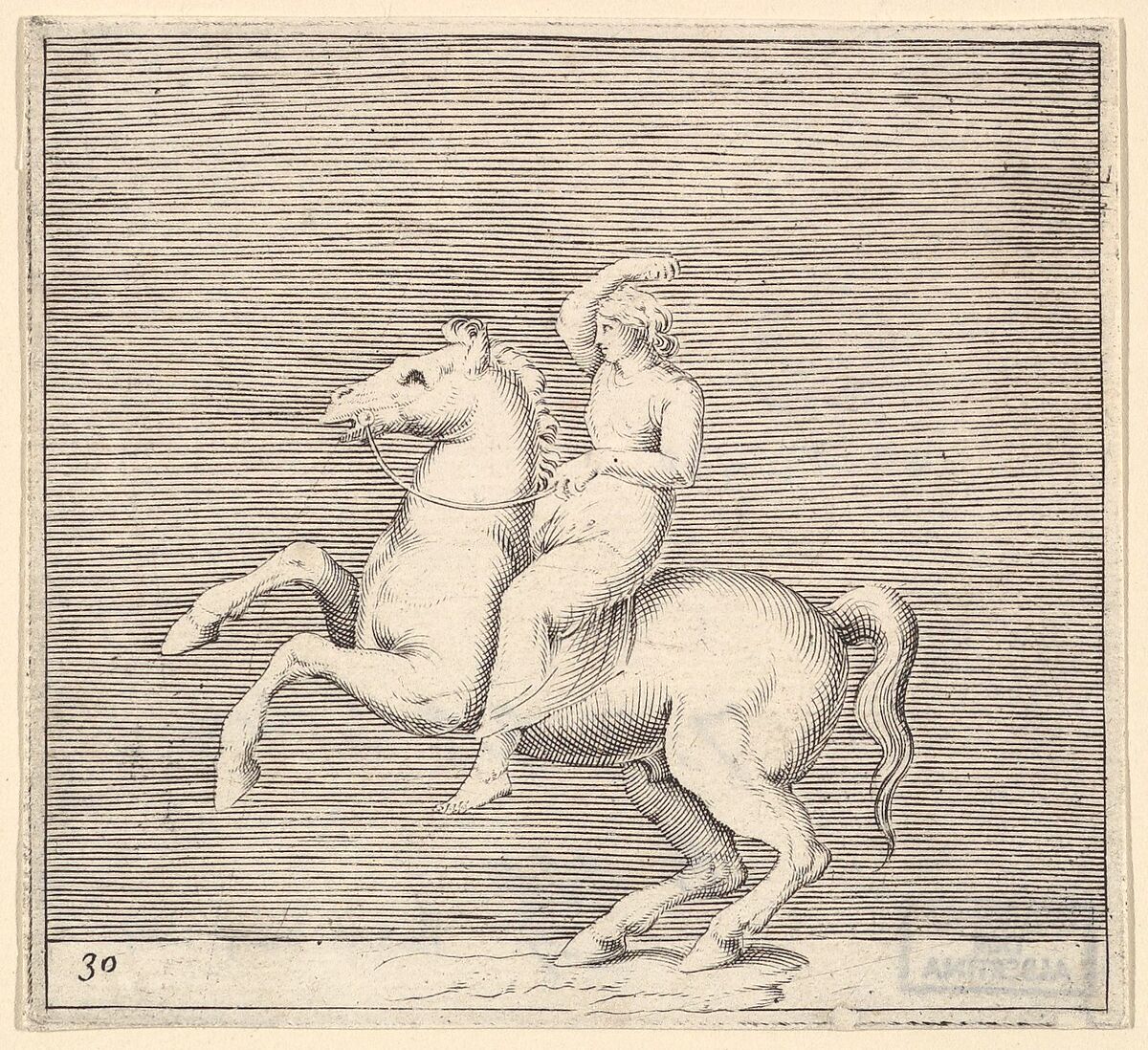 Woman on Rearing Horse, from "Ex Antiquis Cameorum et Gemmae Delineata/ Liber Secundus/et ab Enea Vico Parmen Incis", Anonymous, Italian, 16th century, Engraving; third state 
