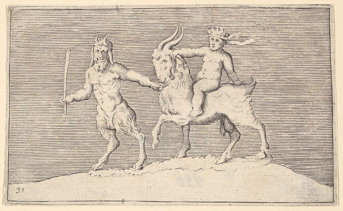 Satyr Leading Goat on which a Infant Rides, from "Ex Antiquis Cameorum et Gemmae Delineata", Anonymous, Italian, 16th century, Engraving; third state 