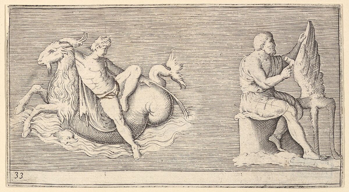 Figure on Seagoat; Man Carving Wing, from "Ex Antiquis Cameorum et Gemmae Delineata", Engraved by Anonymous, Italian, 16th century, Engraving; third state 