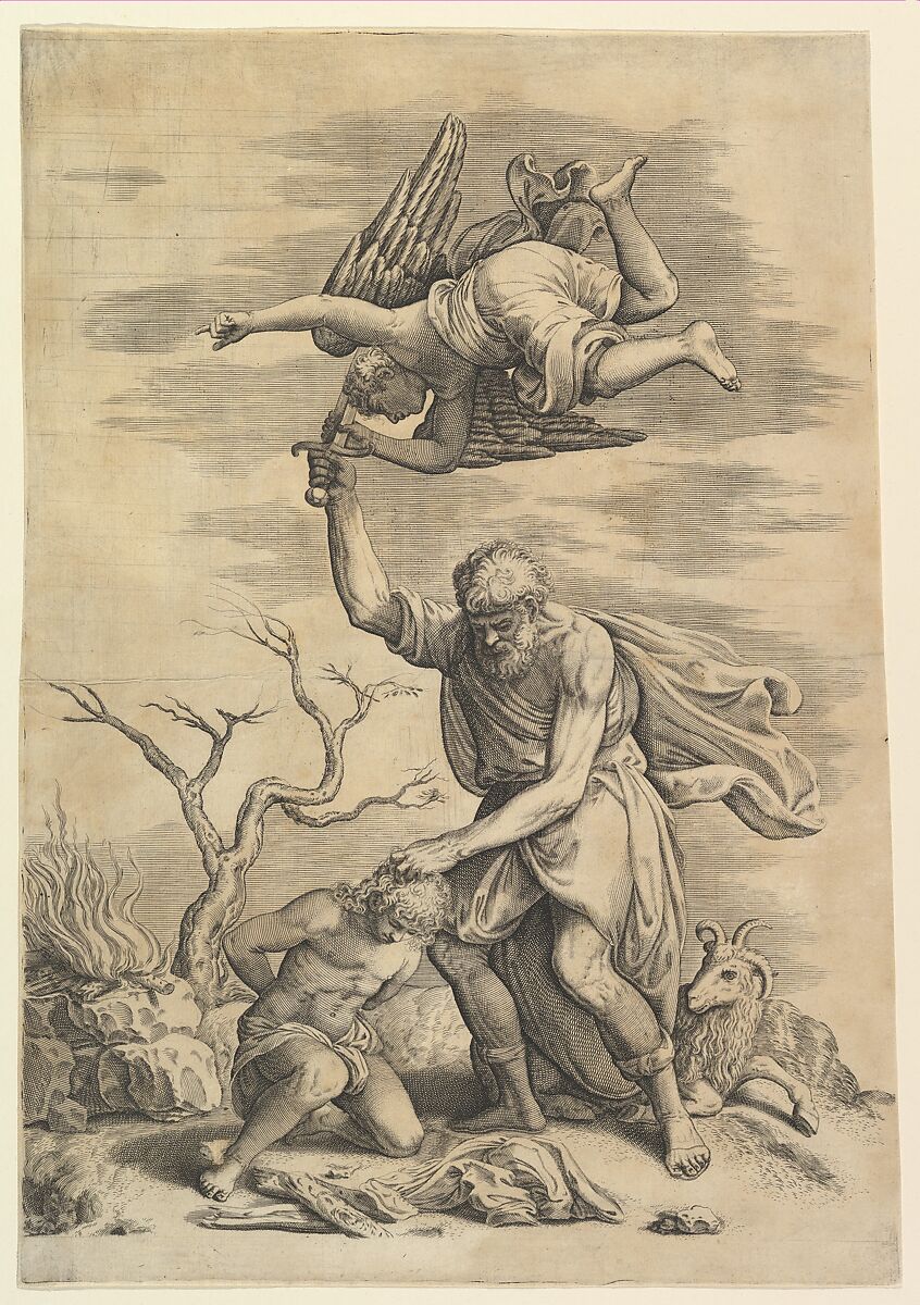 The sacrifice of Abraham who needs before Isaac who raises his sword to strike him, Attributed to Battista Franco (Italian, Venice ca. 1510–1561 Venice), Etching 
