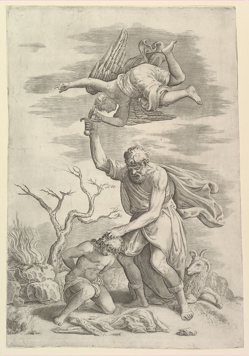 The sacrifice of Abraham who needs before Isaac who raises his sword to strike him, Attributed to Battista Franco (Italian, Venice ca. 1510–1561 Venice), Etching 