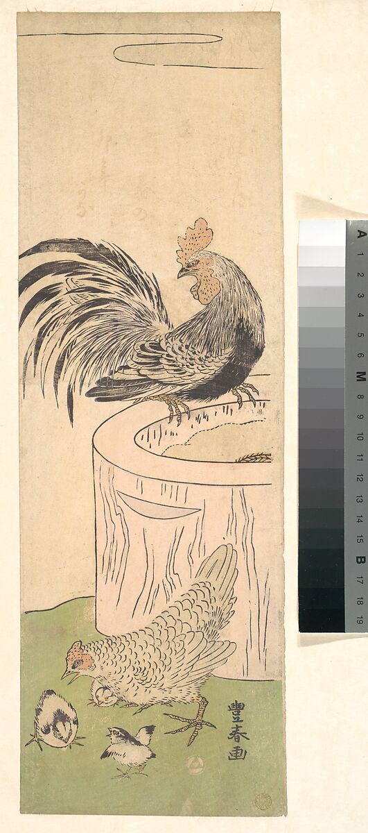 Cock, Hen, and Chickens, Utagawa Toyoharu (Japanese, 1735–1814), Woodblock print; ink and color on paper, Japan 