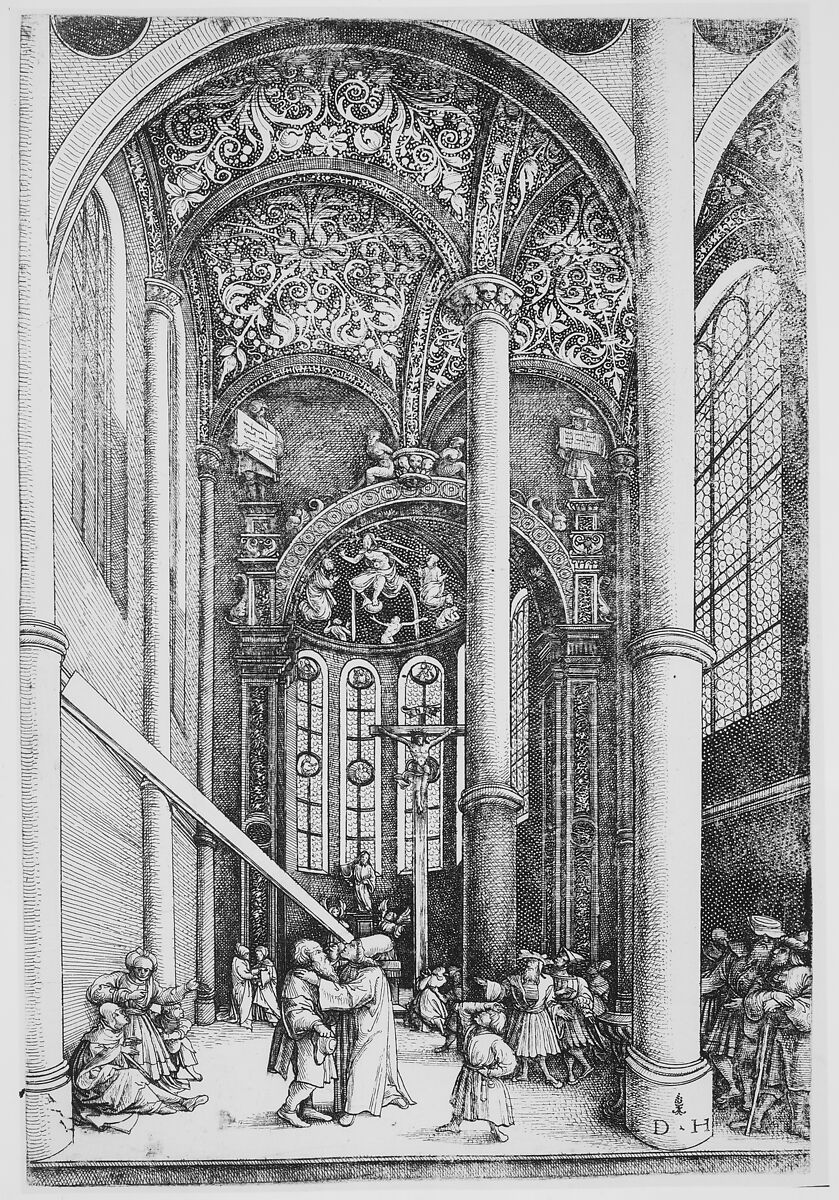 Interior of the Church of Saint Katherine’s with the Parable of the Mote and the Beam, Daniel Hopfer (German, Kaufbeuren 1471–1536 Augsburg), Etching; first state of two