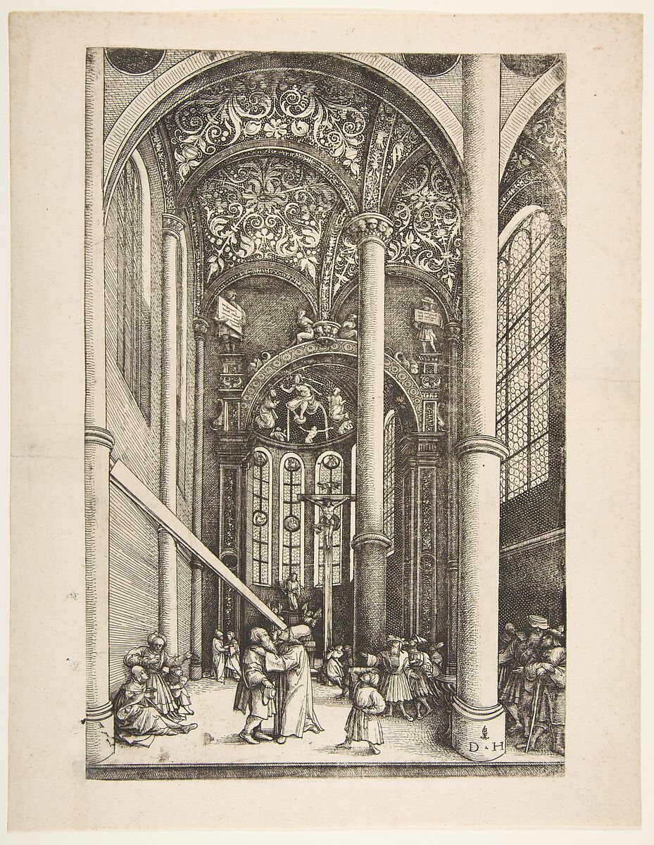 Interior of the Church of Saint Katherine’s with the Parable of the Mote and the Beam, Daniel Hopfer (German, Kaufbeuren 1471–1536 Augsburg), Etching; first state of two