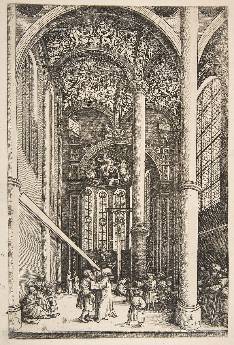 Interior of the Church of Saint Katherine’s with the Parable of the Mote and the Beam, Daniel Hopfer (German, Kaufbeuren 1471–1536 Augsburg), Etching; first state of two 
