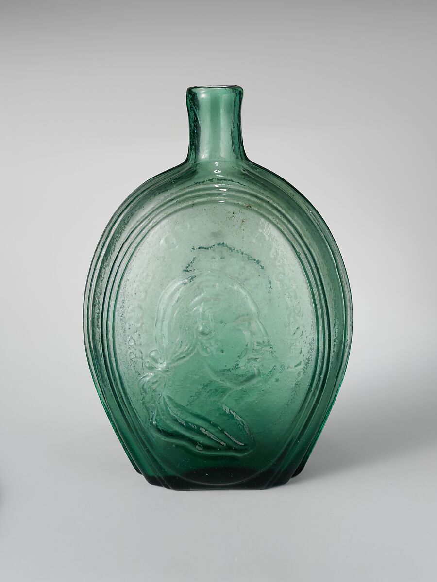 Flask, Bridgetown Glass Works, Free-blown molded aquamarine glass, American