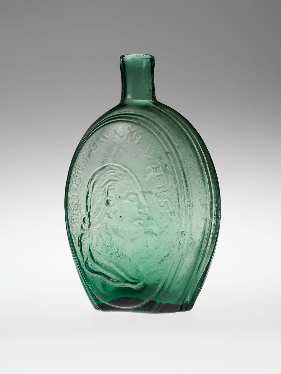 Flask, Bridgetown Glass Works, Free-blown molded aquamarine glass, American