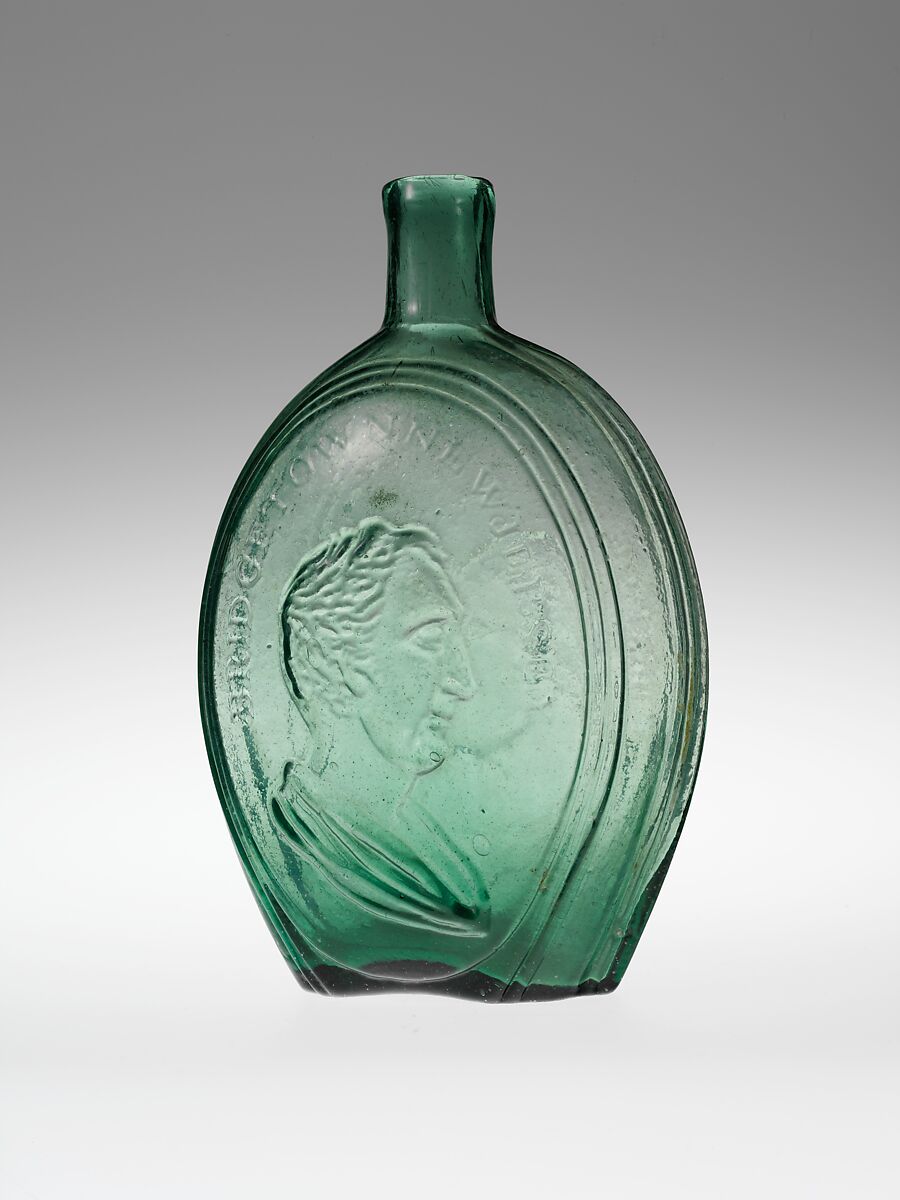 Flask, Bridgetown Glass Works, Free-blown molded aquamarine glass, American