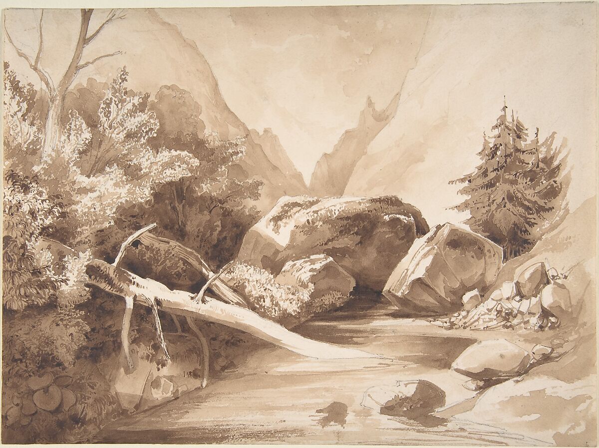 Mountainous Landscape with a Brook, Franz Kobell (German, Mannheim 1749–1822 Munich), Brush and brown ink and wash over graphite 