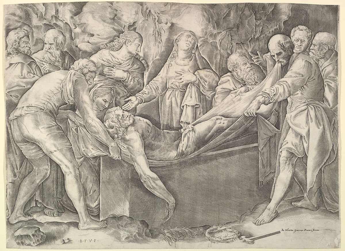 The Entombment, Battista Franco (Italian, Venice ca. 1510–1561 Venice), Engraving, fourth state of four 
