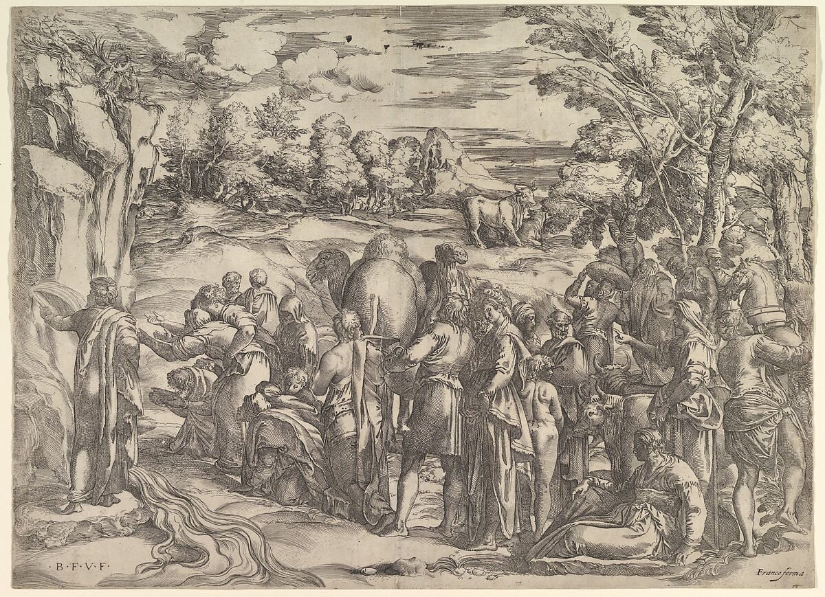Moses Drawing Water from the Rock, at left with water flowing, various figures and animals waiting at right, Battista Franco (Italian, Venice ca. 1510–1561 Venice), Etching and engraving; second state of two 