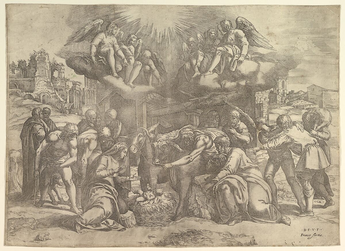The Adoration of the Shepherds with angels overhead, Battista Franco (Italian, Venice ca. 1510–1561 Venice), Etching and engraving; second state of two 