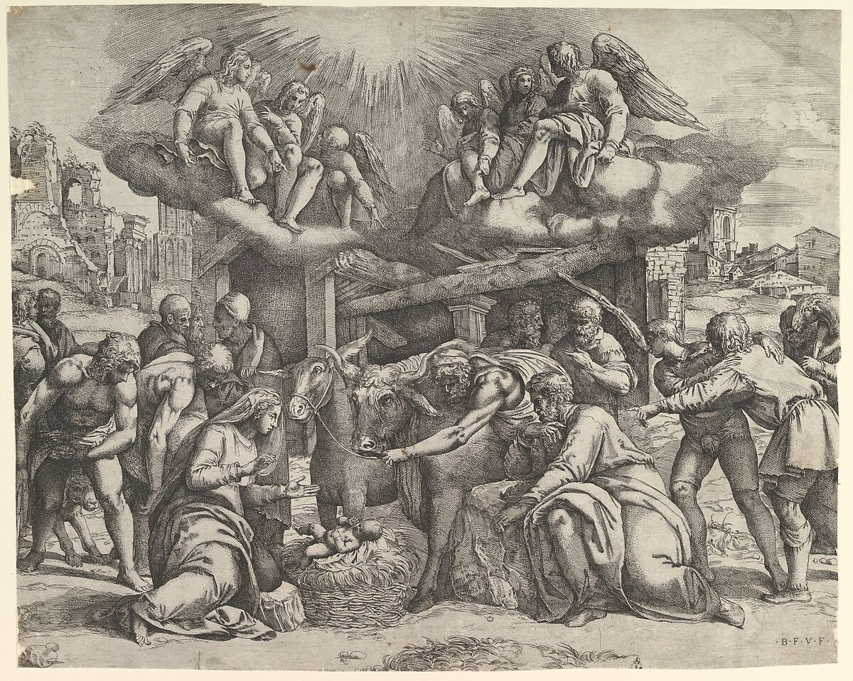 The Adoration of the Shepherds with angels overhead, Battista Franco (Italian, Venice ca. 1510–1561 Venice), Etching and engraving; first state of two 