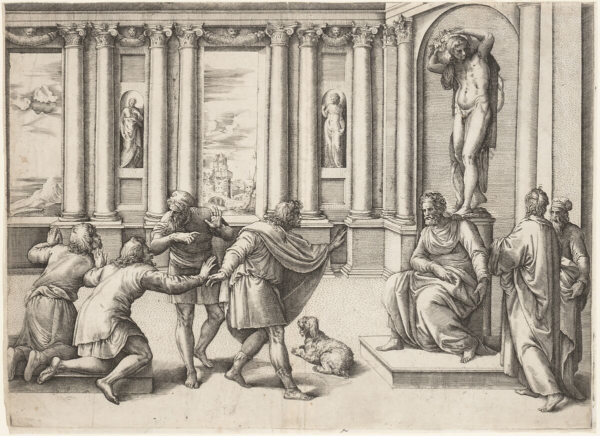 Man Seated Beneath a Statue of Bacchus, Receiving an Audience, Battista Franco (Italian, Venice ca. 1510–1561 Venice), Etching and engraving
