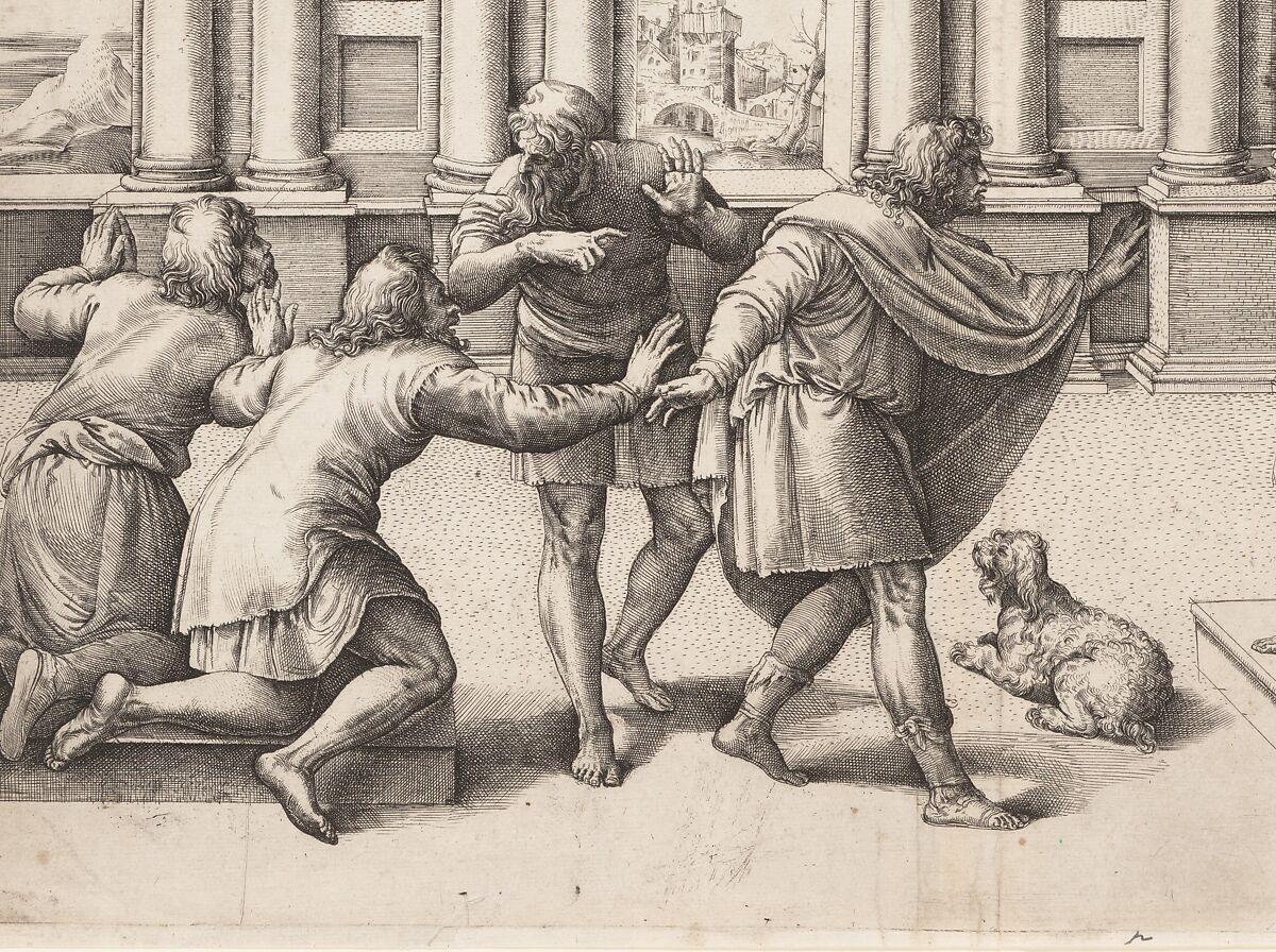 Man Seated Beneath a Statue of Bacchus, Receiving an Audience, Battista Franco (Italian, Venice ca. 1510–1561 Venice), Etching and engraving