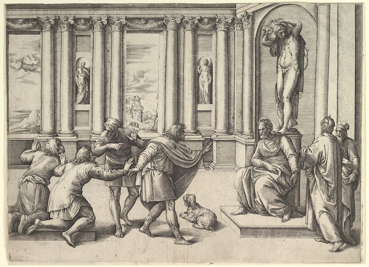 Man Seated Beneath a Statue of Bacchus, Receiving an Audience, Battista Franco (Italian, Venice ca. 1510–1561 Venice), Etching and engraving 