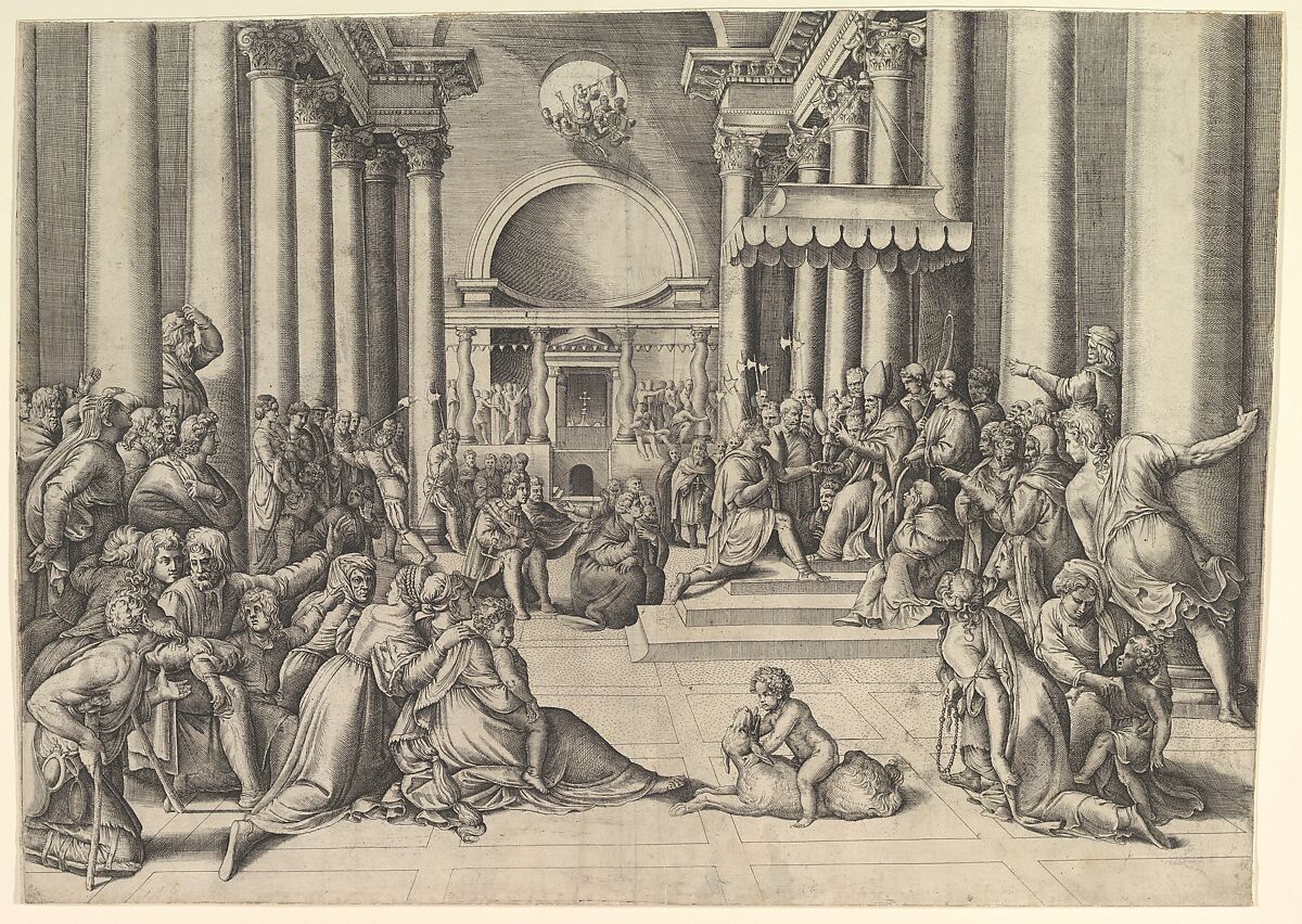 Constantine Presenting the City of Rome to the Holy See, at right, many spectators throughout, a child playing with a dog in the foreground, Battista Franco (Italian, Venice ca. 1510–1561 Venice), Etching and engraving 