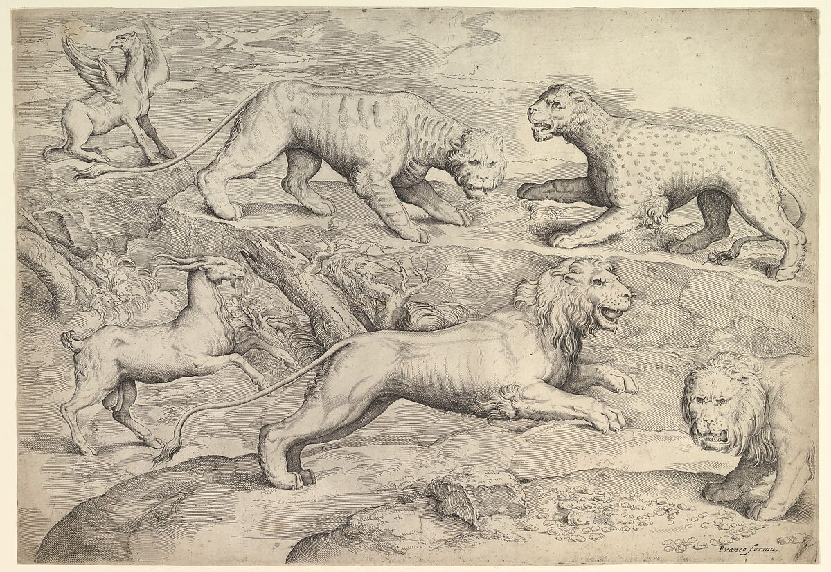 Six Animals, including lions, a tiger, a leopard, a griffin, and a goat, Battista Franco (Italian, Venice ca. 1510–1561 Venice), Etching and engraving; second state of two 